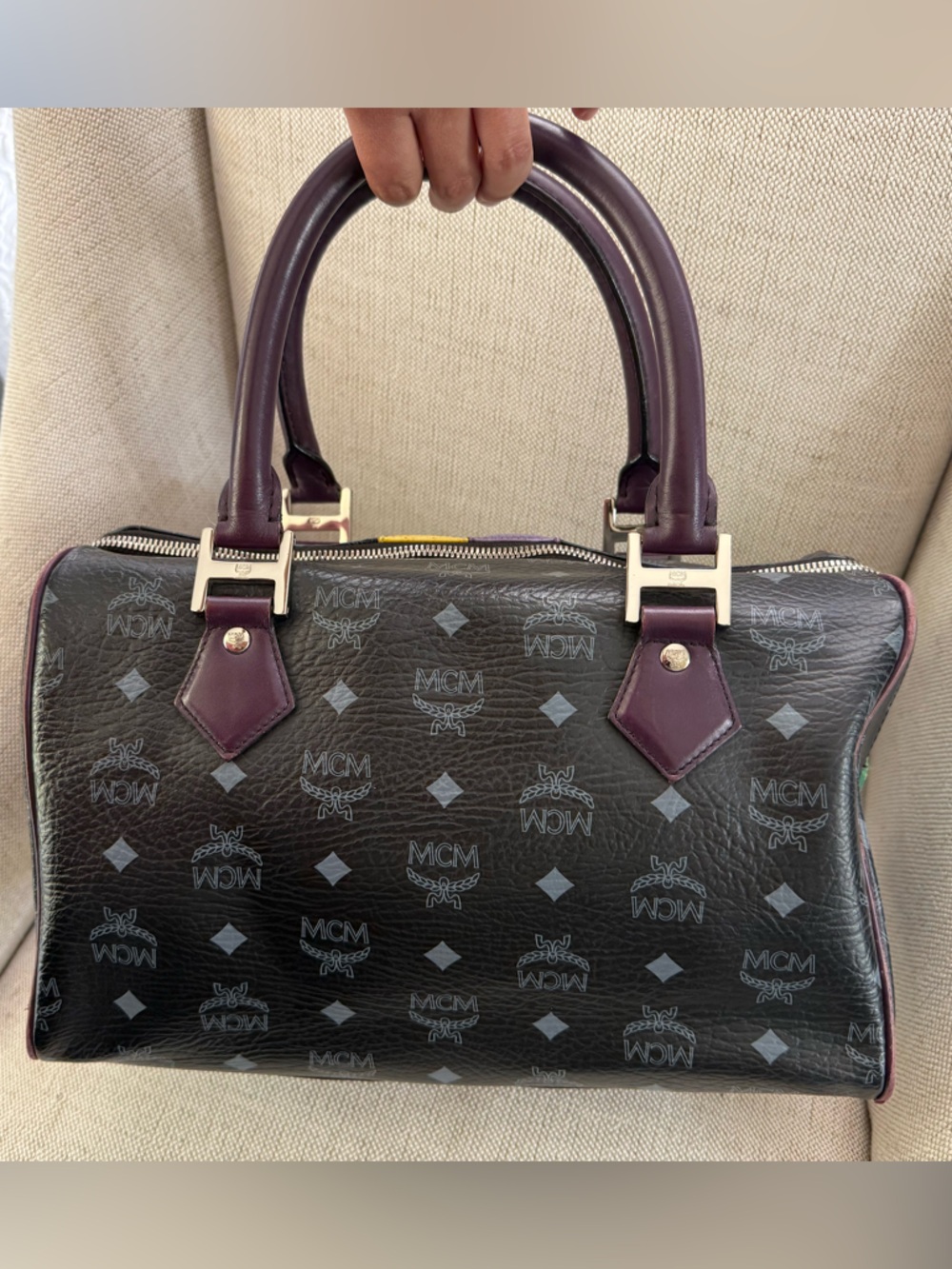 MCM Lion Patchwork Leather Boston Bag